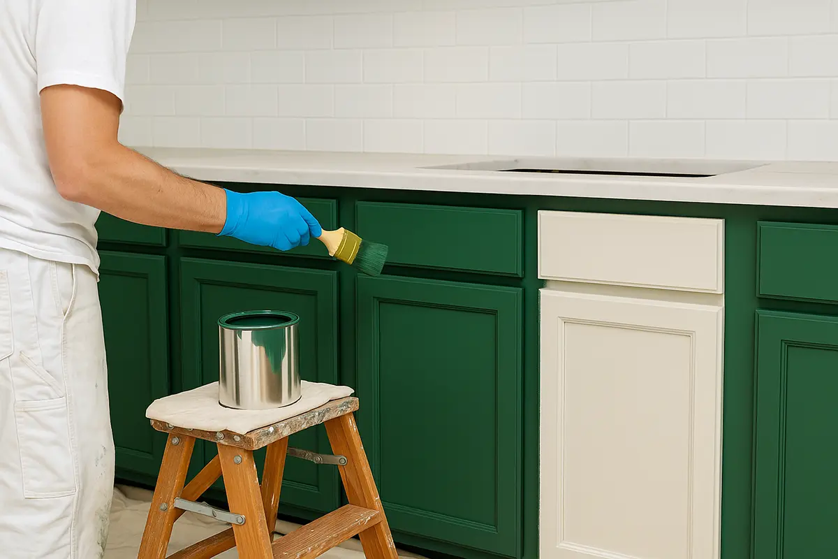 Painter applying green paint to kitchen cabinet doors with a brush
