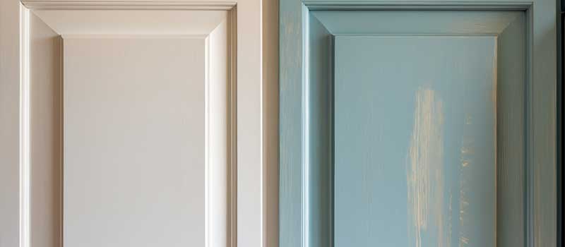 Comparison of DIY and professional kitchen cabinet painting, showing a smooth, durable finish vs. brush strokes and uneven paint.
