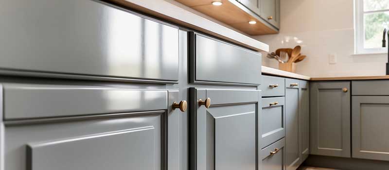 Close-up of freshly painted kitchen cabinets showcasing a smooth, durable finish, demonstrating proper cabinet care and maintenance.