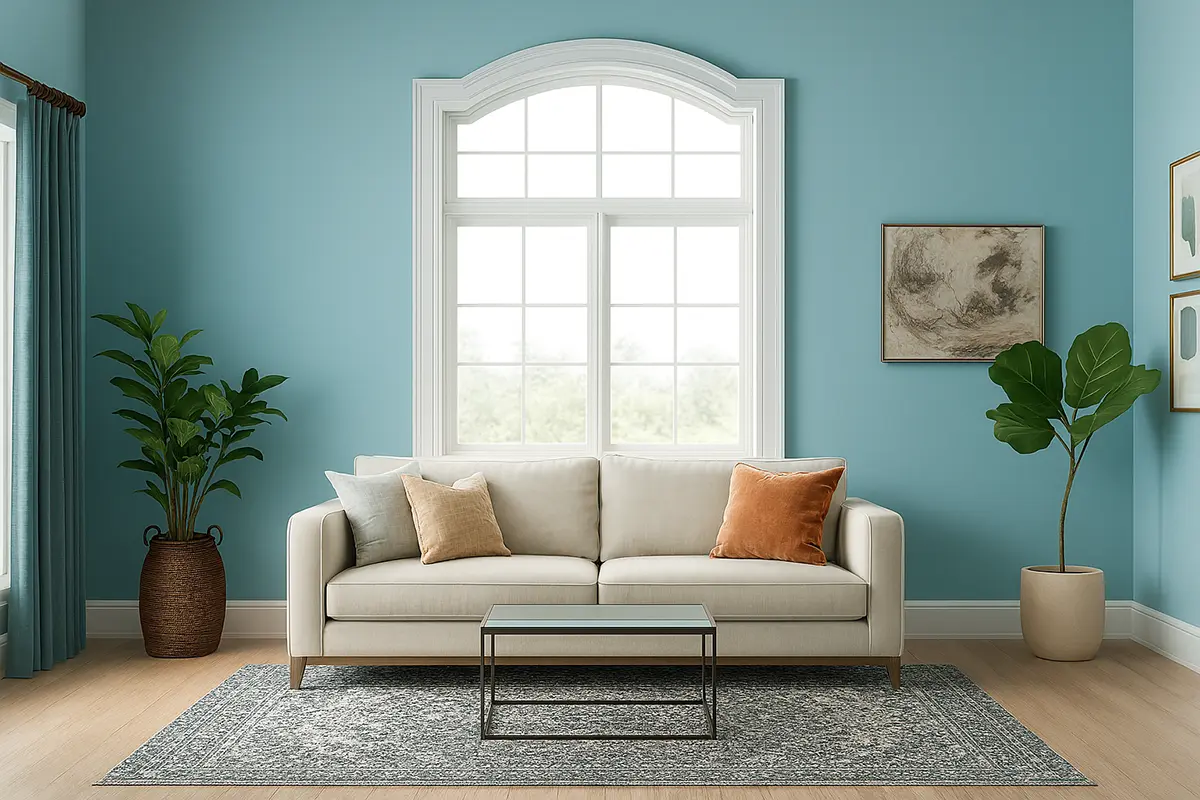 Beige sofa in a coastal-themed living room with the best paint finishes