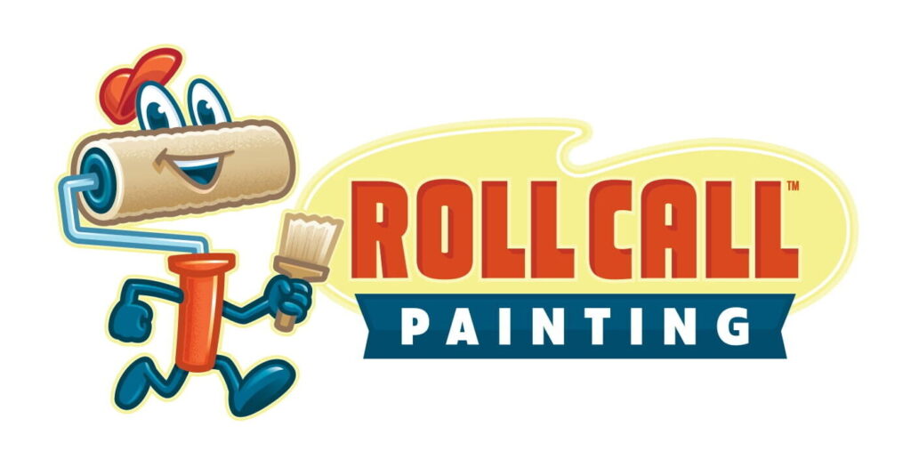 Roll Call Painting company logo with bold typography and a paint roller symbol, using vibrant colors and professional design.