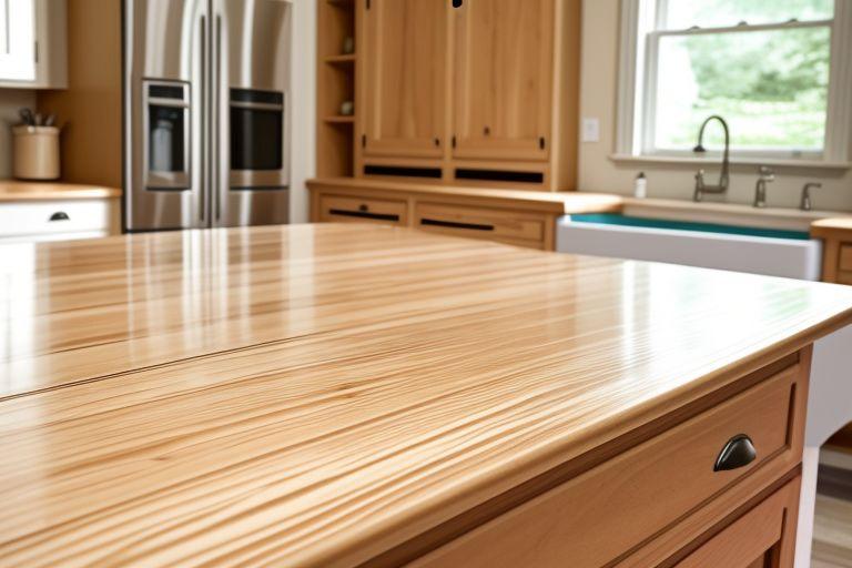 A detailed image showing the process of refinishing kitchen cabinets with tools like paintbrushes, sanders, and wood veneer sheets in a clean and well-lit kitchen environment.