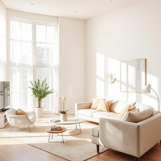 A beautifully decorated living room with soft white and neutral tones, emphasizing the importance of light-reflecting paint colors to brighten the room, creating a modern and inviting space.