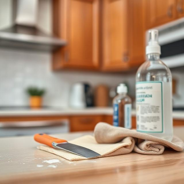 A close-up of a wooden kitchen cabinet with paint stains being cleaned using rubbing alcohol, a putty knife, and mineral spirits, capturing the details of the surface and tools used.