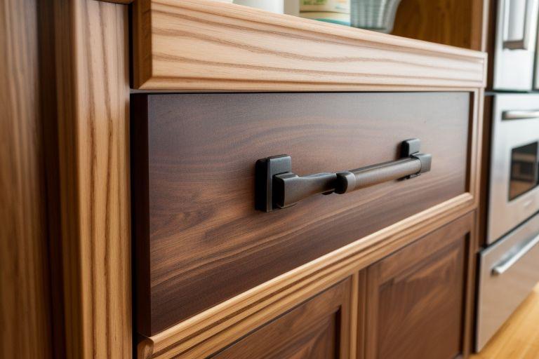 Sanding and staining a kitchen cabinet with a focus on the wood grain, tools, and stain application, showcasing the transformation process.