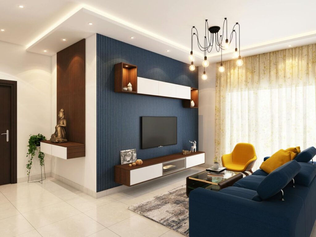 A modern Wellington, KS living room with a professionally painted navy accent wall and bright white interiors.