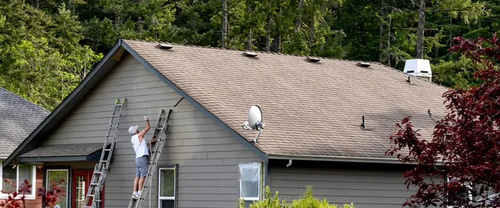 a professional contractor expertly paints a light gray house exterior using commercial grade equipment including ladders against a backdrop of lush green trees