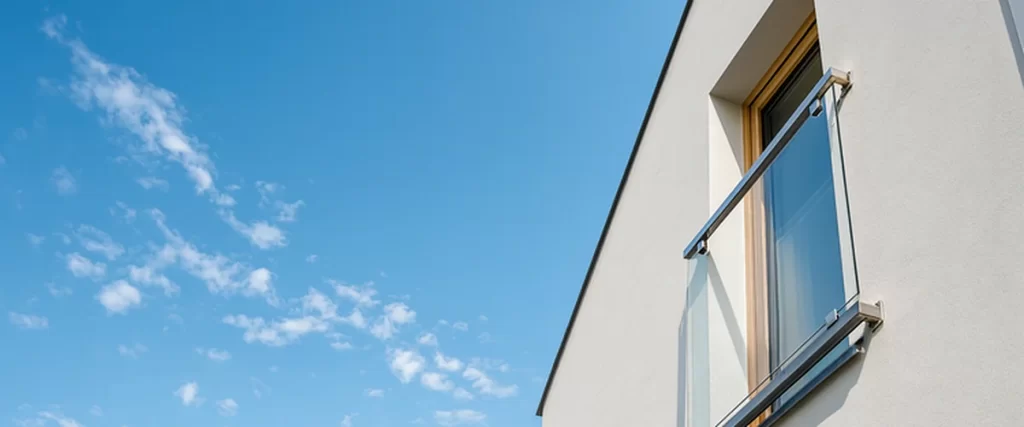 painting a modern building exterior featuring a professionally painted white facade skylight blue sky and sleek glass balcony with metal railings
