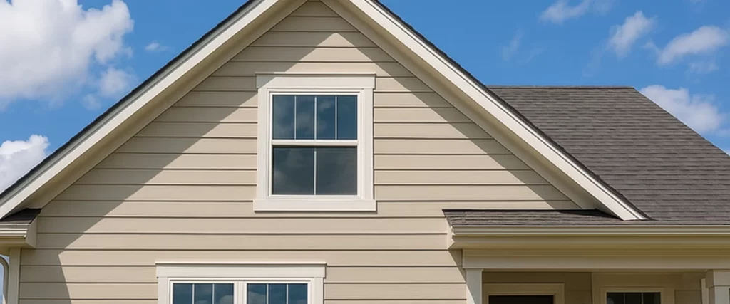 painting a professionally painted beige house exterior featuring a gabled roof white trim and double hung windows under a clear blue sky