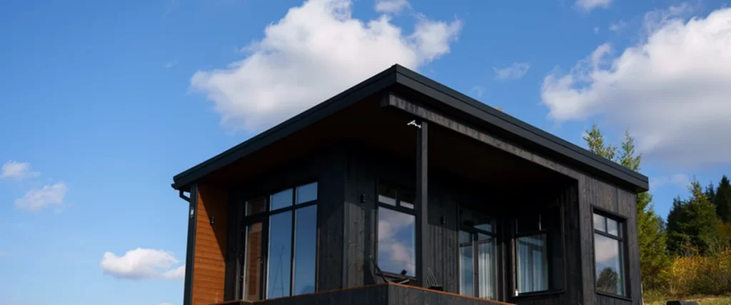 painting modern black wood cabin with large glass windows expertly painted exterior set against a blue sky surrounded by lush greenery