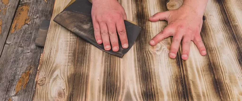 sanding wooden plank surface for expert cabinet refinishing