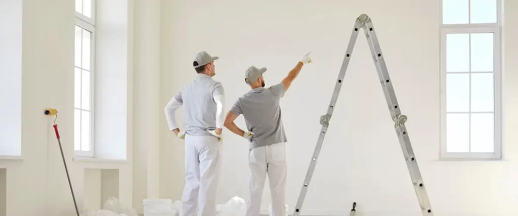 two professional painters in gray attire discussing wall painting project