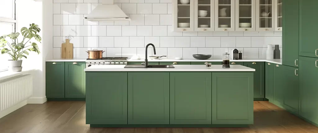 Contemporary kitchen with green refinished cabinets