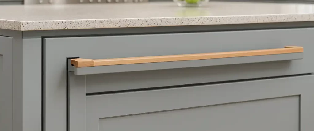 Modern gray kitchen cabinet with wood handle and quartz countertop