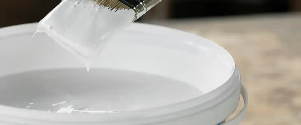 Paintbrush dipped in white acrylic paint ready for interior wall painting

