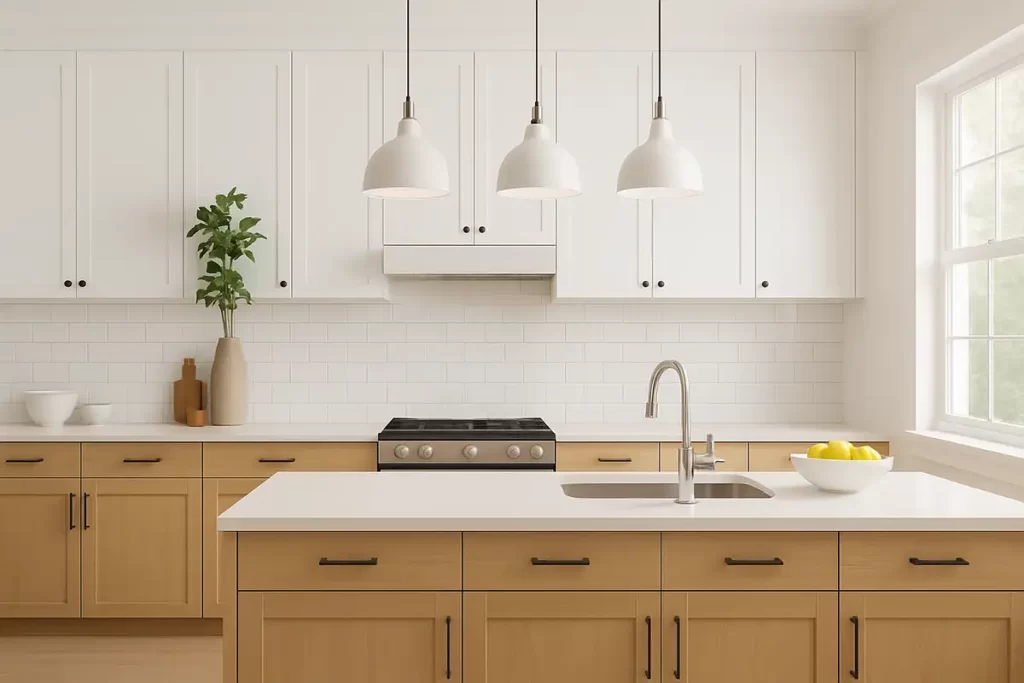 Modern kitchen with white upper cabinets and light wood lower cabinets