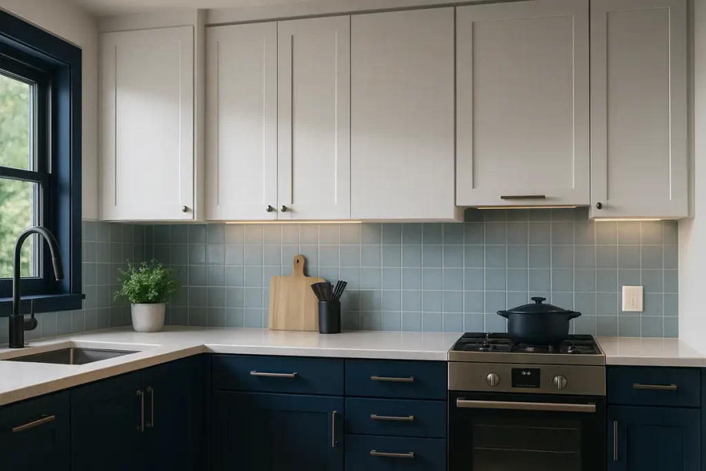 Classic kitchen featuring navy blue lower cabinets with white uppers