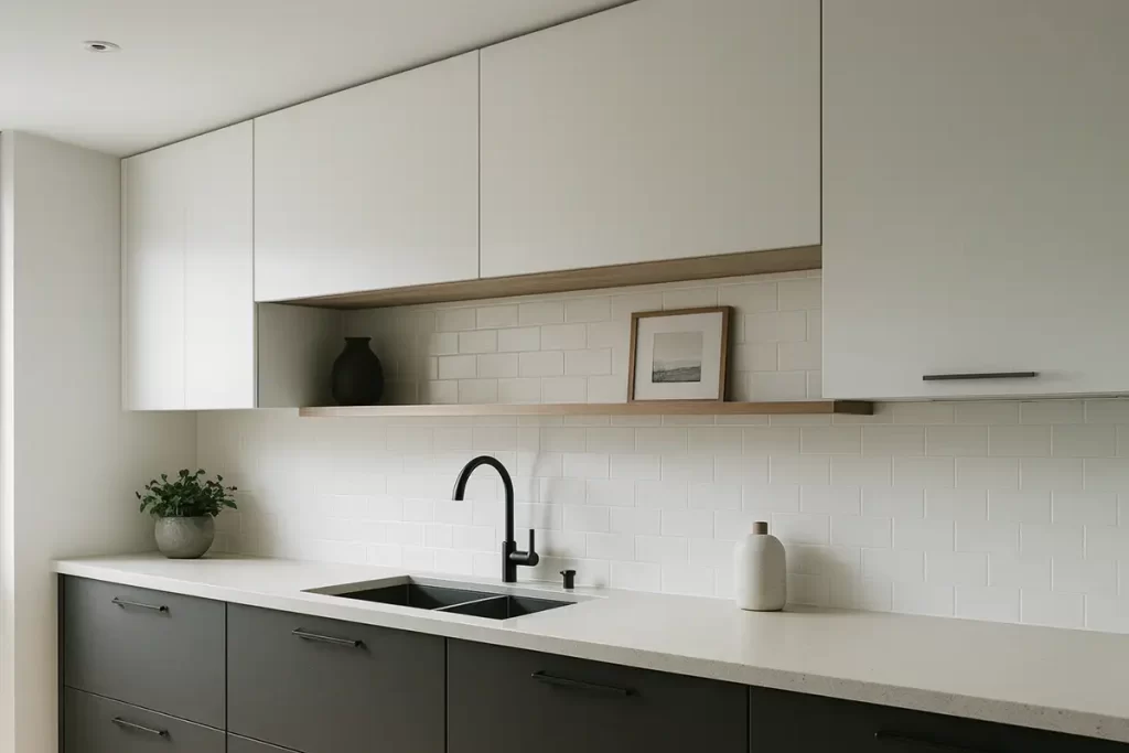 Kitchen with charcoal gray lowers and white upper cabinets