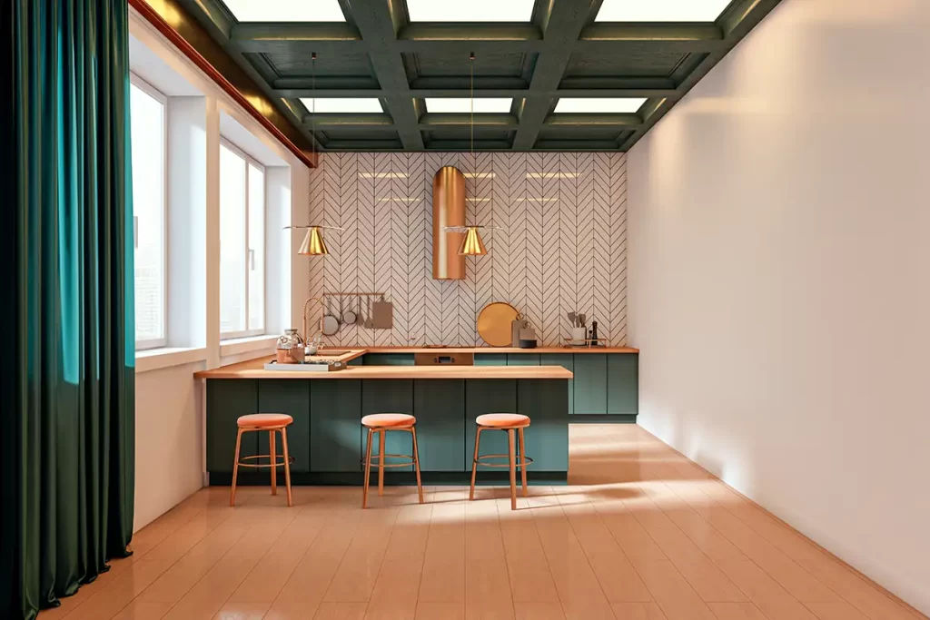 Kitchen combining teal painted cabinets with natural wood finishes