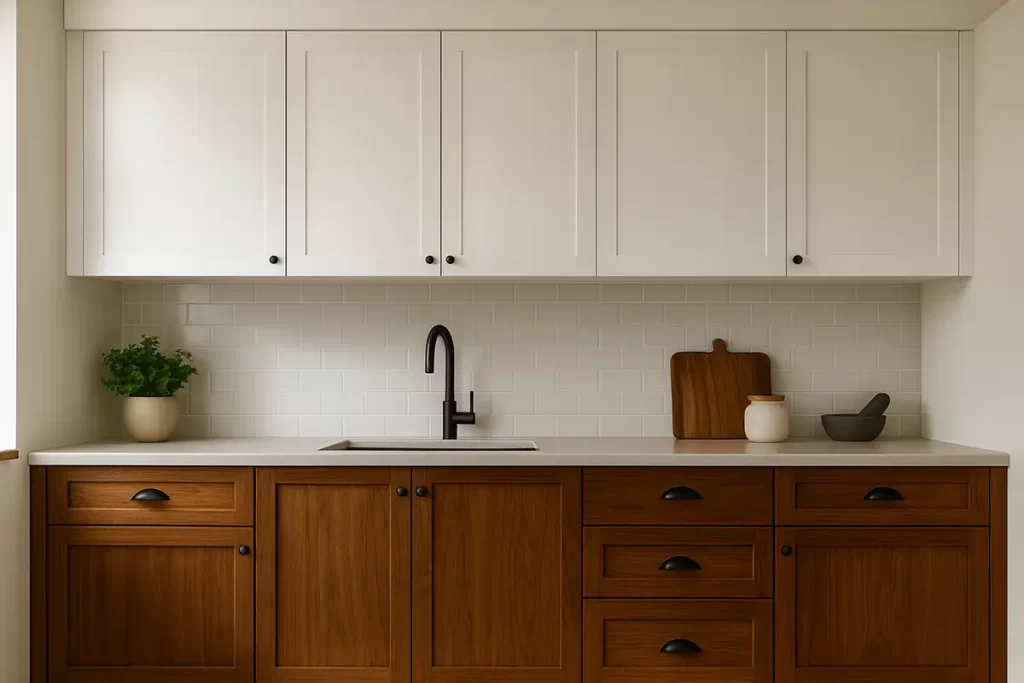 Kitchen design with white uppers and dark wood lower cabinets