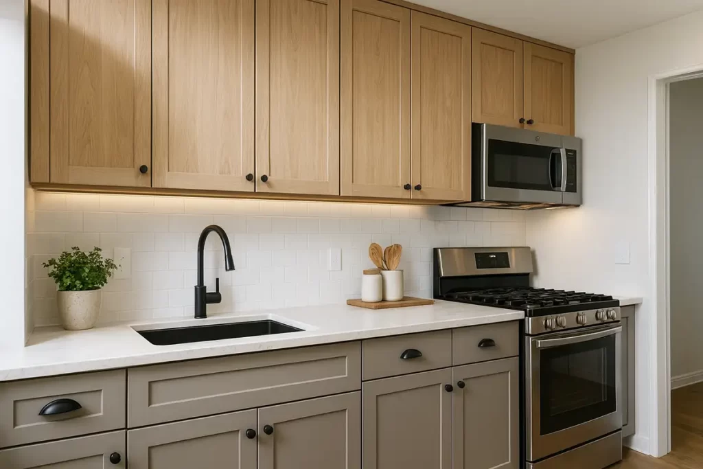 Two tone cabinets with greige uppers and white oak base cabinets