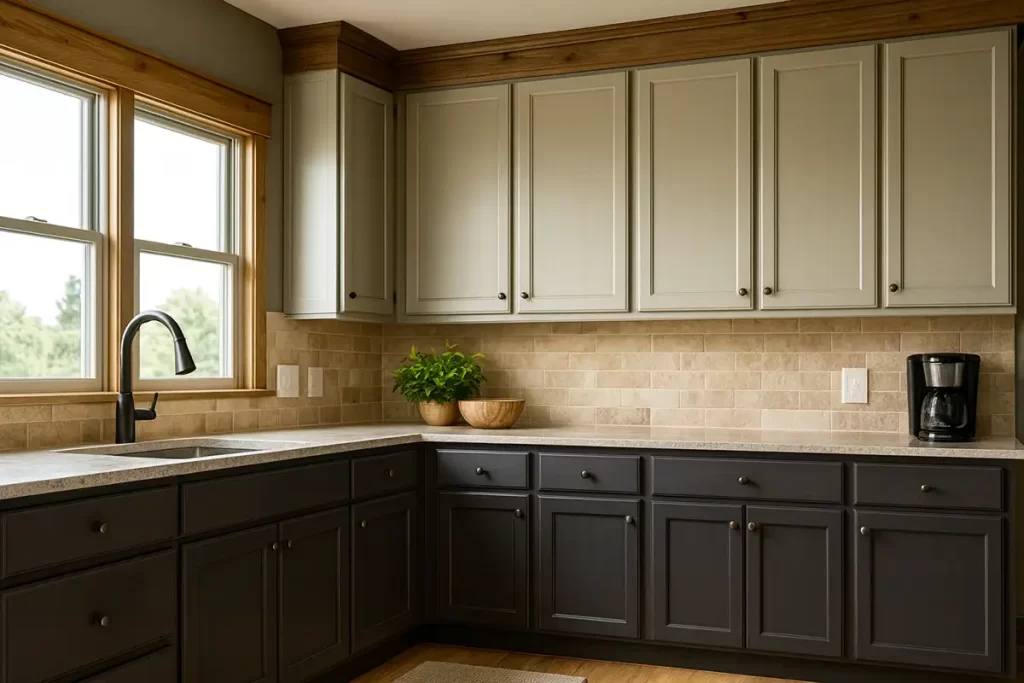 Modern two tone kitchen in dark gray and light gray cabinets
