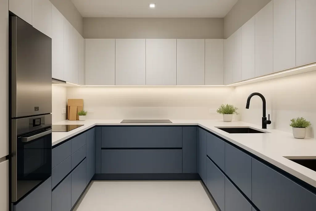 Kitchen with blue-gray base cabinets and white uppers