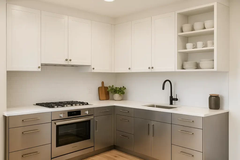 Sleek kitchen with white cabinets paired with stainless steel accents
