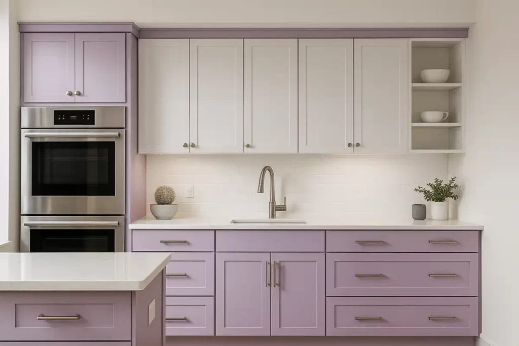 Soft kitchen design with lilac lower cabinets and white uppers