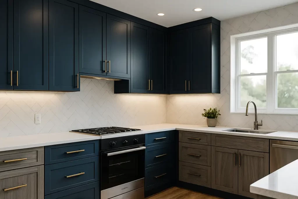 Kitchen with navy blue cabinetry and gray-stained wood accents