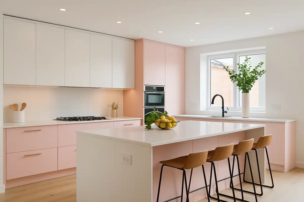 Light and airy kitchen with blush pink cabinets and white uppers