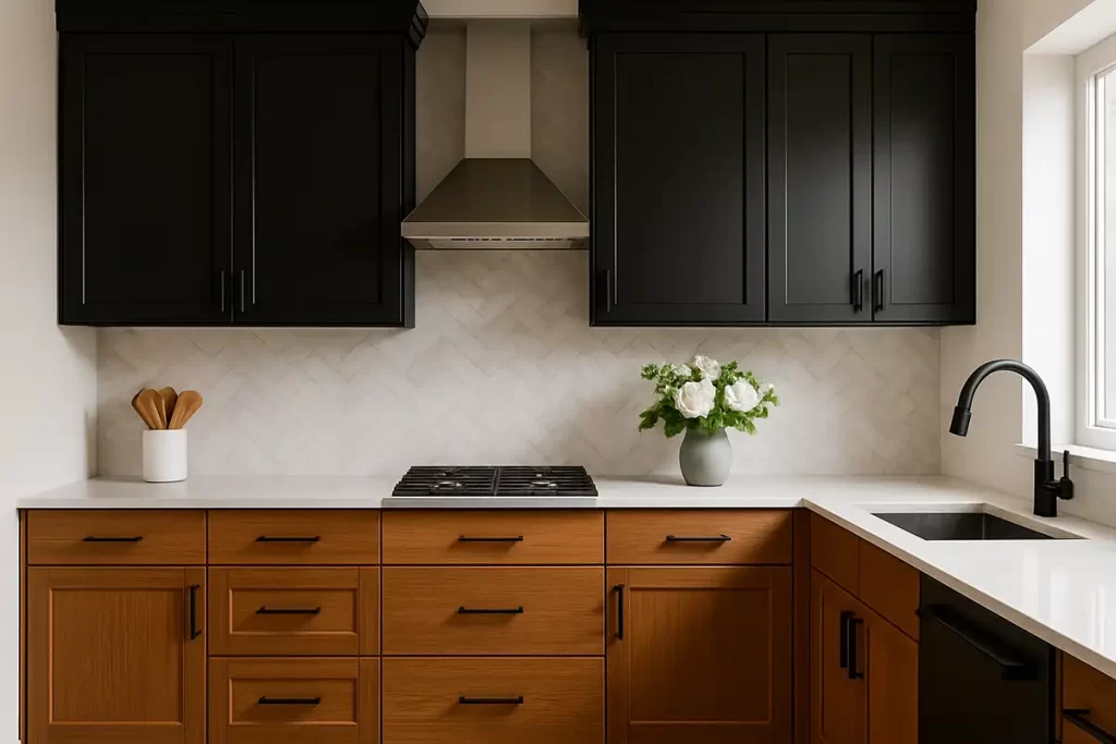 Kitchen with black cabinets paired with warm natural wood