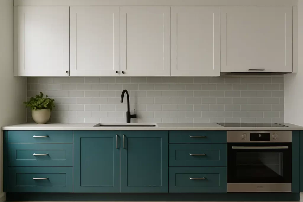 Kitchen with teal base cabinets and white uppers