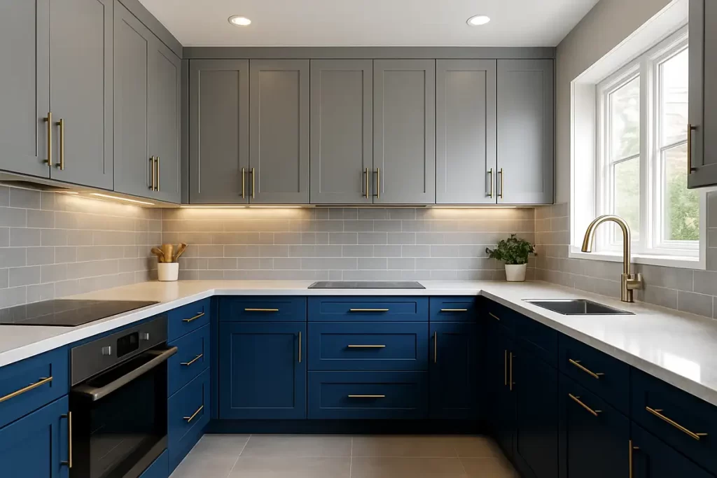 Kitchen with two tone combination of blue and gray cabinetry
