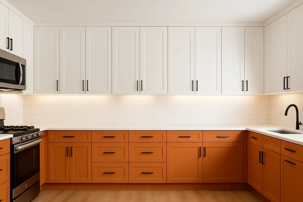 Bright kitchen design with orange lower cabinets and white uppers