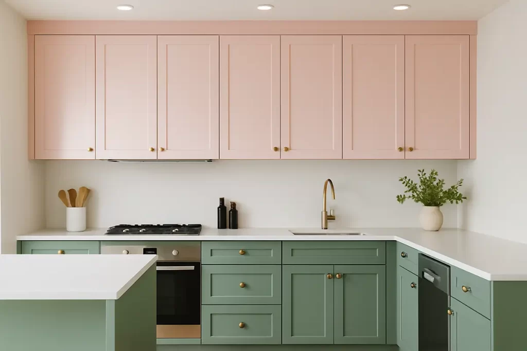 Playful two tone kitchen with pink lowers and green uppers
