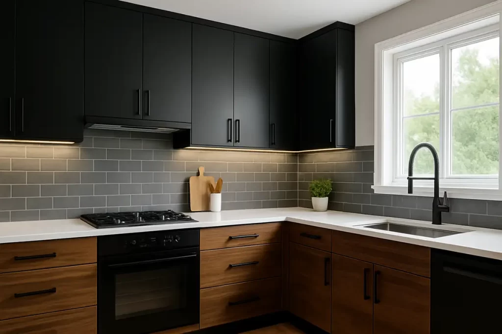 Kitchen with a two tone mix of black cabinetry and rich brown wood