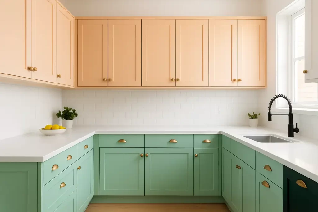 Cheerful kitchen with peach cabinetry paired with mint green accents