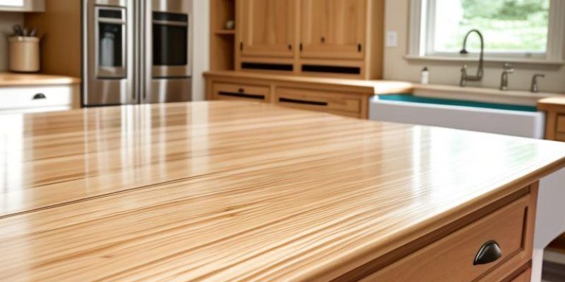 A detailed image showing the process of refinishing kitchen cabinets with tools like paintbrushes, sanders, and wood veneer sheets in a clean and well-lit kitchen environment.
